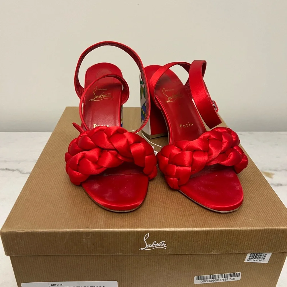 Christian Louboutin Red Satin Braided Block Heel Sandals with Painted Heel